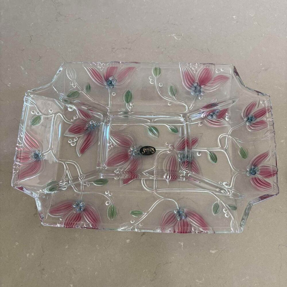 Vintage Crystal Clear Studios Japan Floral Divided Relish Tray Pink Flowers